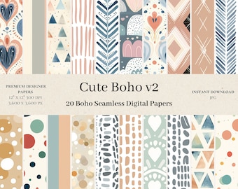 20 Cute Boho Digital Papers - Commercial Use, Scrapbook Paper, Backgrounds With Cute Patterns - Unique Boho Designs - Instant Download v2