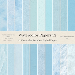 20 Watercolor Papers Digital Papers - Blue Watercolour Seamless Digital Paper, Neutral Paper Backdrop, Soft Blue Paper Texture, Digital v1