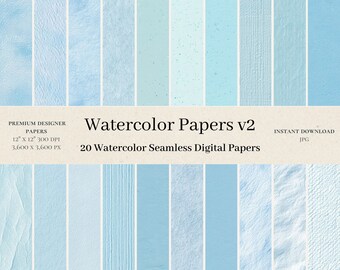 20 Watercolor Papers Digital Papers - Blue Watercolour Seamless Digital Paper, Neutral Paper Backdrop, Soft Blue Paper Texture, Digital v1