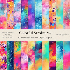 20 Colorful Strokes Digital Papers - Watercolor Scrapbook, Seamless Digital Paper, Splatter Pattern, Abstract Background, Commercial Use, v4