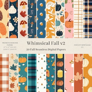 Könnte beinhalten: Ein Set mit 20 digitalen Papieren mit Herbstmotiven. Die Muster umfassen Kürbisse, Eicheln, Blätter, Pilze, Karos und geometrische Designs in verschiedenen Farben, darunter Orange, Braun, Gelb, Blau und Grün. Die Papiere sind 30,48 cm x 30,48 cm groß und haben eine Auflösung von 300 DPI.