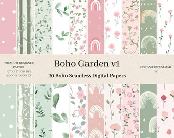 20 digitala papper för bohemisk trädgård - sömlösa upprepade trädmönster, utskrivbara JPG 300 dpi 12x12 tum kommersiellt bruk, blommiga skogar regnbåge v1