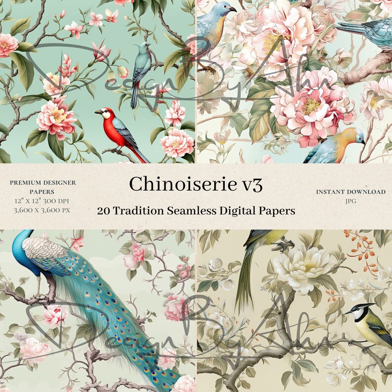 20 Chinoiserie Digital Papers - Flower Scrapbook, Seamless Digital ...