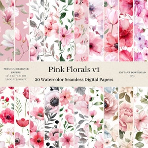 20 Pink Florals Digital Papers - Watercolor Seamless Digital Paper, Shabby Chic Repeat Pattern, Wildflower Scrapbook, Junk Journal, JPG v1