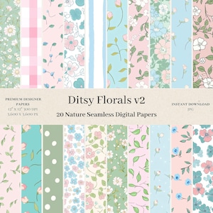 20 Ditsy Florals Digital Papers - Green Pink Turquoise Seamless Pattern, Lilac Junk Journal, Nursery Background, Flowers, Commercial Use v2