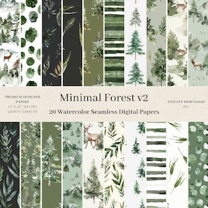 20 documenti digitali foresta minima - carta digitale senza giunte di cervo, modello di ripetizione dell'albero, album di ritagli, invito a nozze, sfondo verde v2