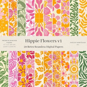 20 Hippie Flowers Digital Papers - Seamless Patterns, Commercial Use, Scrapbook Paper, Retro Patterns, Hippie Pattern, Hippy Design, v1