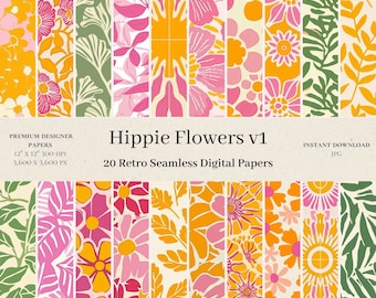20 Hippie Flowers Digital Papers - Seamless Patterns, Commercial Use, Scrapbook Paper, Retro Patterns, Hippie Pattern, Hippy Design, v1