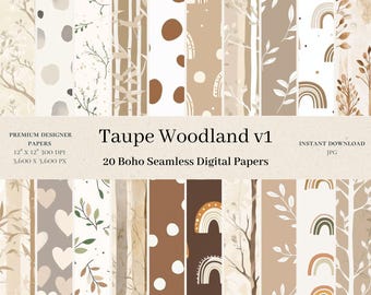 20 Taupe Woodland Digital Papers - Forest Seamless Repeat Paper, Boho Repeat Pattern, Scrapbook, Rainbows, 12 x12 inches JPG Printable, v1