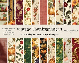 20 Vintage Thanksgiving Digital Papers - Vintage Scrapbook, Autumn Digital Paper, Harvest Seamless Pattern, Bounty Fall Backgrounds, v1