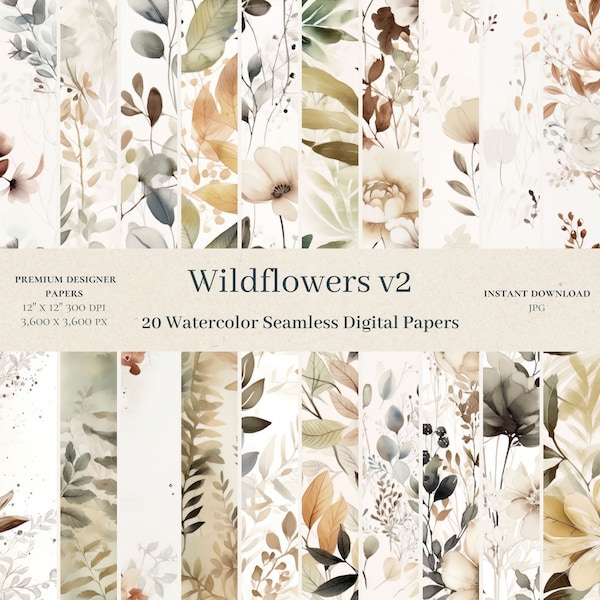 20 Watercolor Wildflowers Digital Papers - Watercolor Scrapbook, Botanical Paper, Seamless Pattern, Boho Backgrounds, Commercial Use, v2