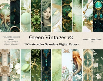 20 papiers numériques verts vintages - modèle sans couture de rêve, journal indésirable aquarelle, JPG fantastique, shabby chic, usage commercial, horloge v2