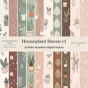 20 Houseplant Haven Digital Papers - Boho Seamless Repeat Pattern, Printable JPG 300dpi 12x12 inches Commercial Use, Green Doodle Pots v1