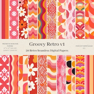 Puede incluir: Un conjunto de 20 papeles digitales con patrones retro en tonos naranja, rosa y amarillo. Los patrones incluyen formas geométricas, flores, hojas y ondas. El texto "Groovy Retro v1" y "20 Retro Seamless Digital Papers" está incluido en la imagen.