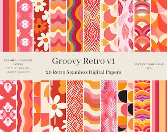 20 Groovy Retro Digital Papers - 70s Pattern Scrapbook, Pink & Orange Digital Paper, Vintage Seamless Pattern, Trendy Backgrounds, v1