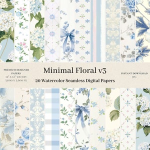 20 documenti digitali floreali minimi - Album di fiori, motivo senza cuciture acquerello, diario spazzatura blu polveroso sfondo shabby chic vivaio v3