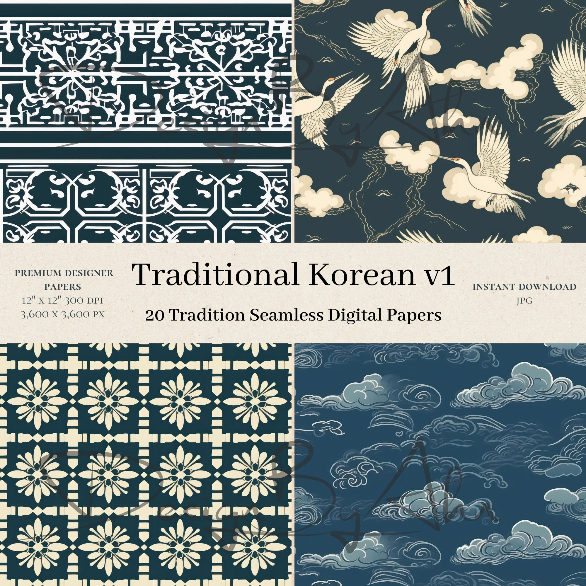 20 Traditional Korean Digital Papers - Hand-drawn Scrapbook