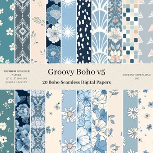 20 Groovy Boho Digital Papers - Blue Seamless Patterns, 70s Scrapbook Paper, Nursery Paper, Baby Shower Design, Baby Boy, Commercial Use v5