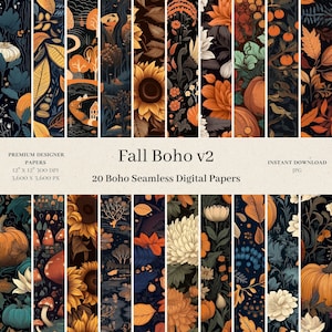 20 Fall Boho Digital Papers - Flower Seamless Pattern, Autumn Digital Paper, Scrapbook, Junk Journal, Pumpkin, Boho Design, Earthy Tone v2