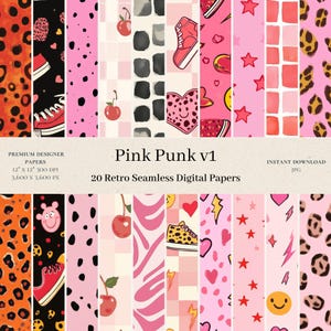 May include: A set of 20 digital papers featuring retro patterns in pink, black, and white. The patterns include cherries, stars, hearts, lightning bolts, sneakers, and animal print. The text "Pink Punk v1" is displayed at the top of the image.