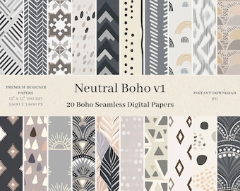 20 Neutral Boho Digital Papers - Doodle Seamless Pattern, Trendy Digital Paper, Scrapbook, Boho Texture Paper, Commercial Use, JPG v1