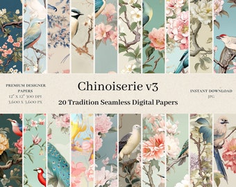 20 Chinoiserie Digital Papers - Flower Scrapbook, Seamless Digital Paper, Asian Pattern, Bird Background, Traditional Asian Wallpaper JPG v3