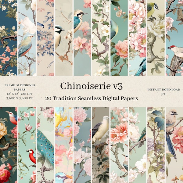 20 Chinoiserie Digital Papers - Flower Scrapbook, Seamless Digital Paper, Asian Pattern, Bird Background, Traditional Asian Wallpaper JPG v3