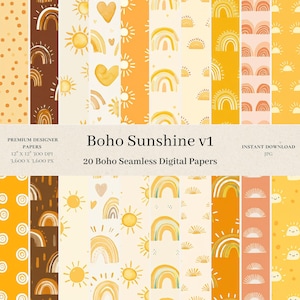 May include: 20 digital papers featuring a boho sunshine theme with rainbows, suns, and hearts in yellow, orange, brown, and white.