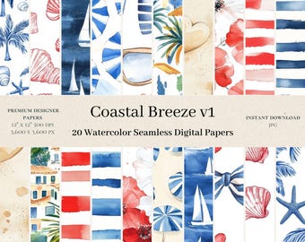 20 Digitale Papiere der Küstenbrise - Aquarell nahtlose JPG, nautisches Rapportmuster, Scrapbook, Stoffhintergrund am Meer, kommerzielle Nutzung v1