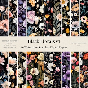 20 Black Florals Digital Papers - Watercolor Seamless Digital Paper, Shabby Chic Repeat Pattern, Wildflower Scrapbook Junk Journal v1