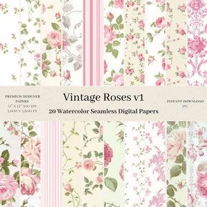 20 Vintage Rosen Digitale Papiere - Rosa Rosen Nahtloses Digital Papier, Shabby Chic Rapportmuster, Ditsy Roses Scrapbook, Junk Journal, v1