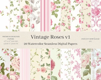 20 papeles digitales de rosas vintage: papel digital sin costuras con rosas rosas, patrón repetitivo shabby chic, álbum de recortes de rosas ditsy, diario basura, v1