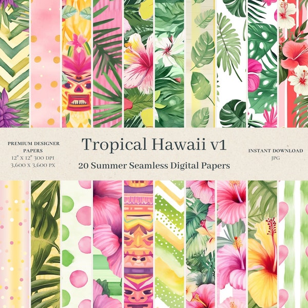 20 Tropical Hawaii Digital Papers - Tropical Seamless Pattern, Aloha Digital Paper, Watercolor Scrapbook, Tropical Leaves Pattern, v1