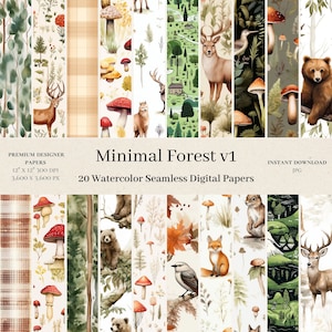 20 Minimal Forest Digital Papers - Aquarell Nahtloses Muster, Junk Journal, kommerzielle Nutzung, JPG, Bäume, Pilze, Tiere, Hirsche, Wald v1