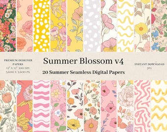 20 Sommerblüte Digitale Papiere - Blume nahtlose digitale Papier, Blumenmuster, gelb rosa Sammelalbum, bedruckbar, 12x12 Zoll v4