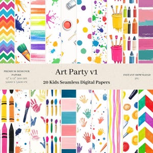 Puede incluir: 20 papeles digitales con coloridos materiales de arte para niños, salpicaduras de pintura, huellas de manos y patrones geométricos. Los papeles miden 30,5 cm por 30,5 cm y tienen una resolución de 300 DPI.