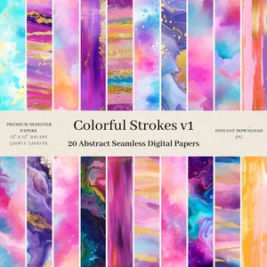20 Colorful Strokes Digital Papers - Watercolor Scrapbook, Seamless Digital Paper, Seamless Pattern, Abstract Background, Commercial Use, v1