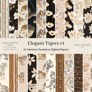 20 Elegant Tigers Digital Papers - Jungle Seamless Pattern, Watercolor Digital Paper, Oil Paint Scrapbook, Designer Paper, Background v1