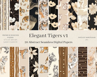 20 Elegant Tigers Digital Papers - Jungle Seamless Pattern, Watercolor Digital Paper, Oil Paint Scrapbook, Designer Paper, Background v1