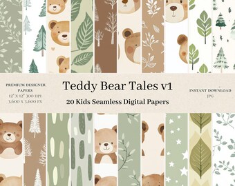 20 Teddy Bear Tales Digital Papers - Watercolour Seamless Digital Paper, Picnic Repeat Pattern, Scrapbook, 300dpi 12x12 inches Printable, v1