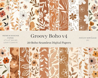 20 Groovy Boho Digital Papers - Commercial Use, Seamless Pattern, Light Brown Light Orange, Scrapbook Paper, Boho Designer Background, v4