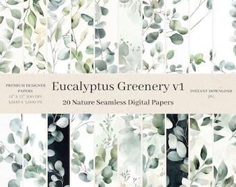 20 Eucalyptus Greenery Digital Papers - Watercolor Seamless Digital Paper, Abstract Repeat Pattern, Sage Scrapbook, Wedding, Printable, v1