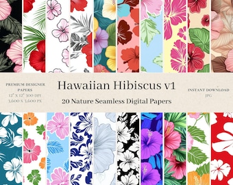20 hawajskich papierów cyfrowych z hibiskusem - tropikalny wzór bezszwowy, dziennik Aloha Junk, żywy album, letnie kwiaty, zastosowanie komercyjne v1