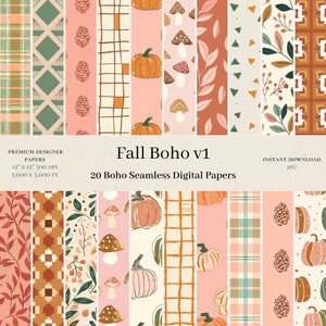 20 Fall Boho Digital Papers - Abstract Scrapbook, Autumn Digital Paper, Pumpkin Seamless Pattern, Fall Backgrounds, Bohemian, Floral v1