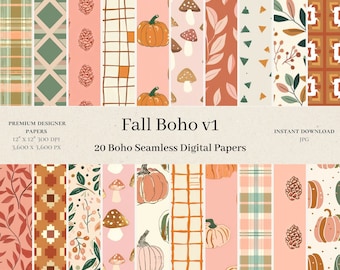 20 Fall Boho Digital Papers - Abstract Scrapbook, Autumn Digital Paper, Pumpkin Seamless Pattern, Fall Backgrounds, Bohemian, Floral v1