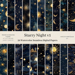 20 Starry Night Digital Papers - Gold & Navy Watercolor Scrapbook, Seamless Paper, Seamless Pattern, Star Backgrounds, Commercial Use, v1