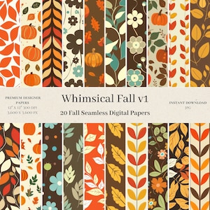 20 Whimsical Fall Digital Papers - Abstract Scrapbook, Autumn Digital Paper, Pumpkin Seamless Pattern, Fall Backgrounds, Leaves, Foliage v1