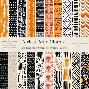 Op de afbeelding: Twintig digitale papierontwerpen met Afrikaanse modderdoekpatronen in zwart, wit, oranje en bruin. De patronen zijn geometrisch en abstract, sommige met traditionele symbolen. De papieren zijn 30,5 cm bij 30,5 cm en 300 DPI.