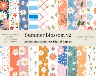 20 Summer Blossom Digital Papers - Floral Scrapbook, Daisy Seamless Digital Paper, Whimsical Flower Pattern, Cute Floral Background, JPG v2