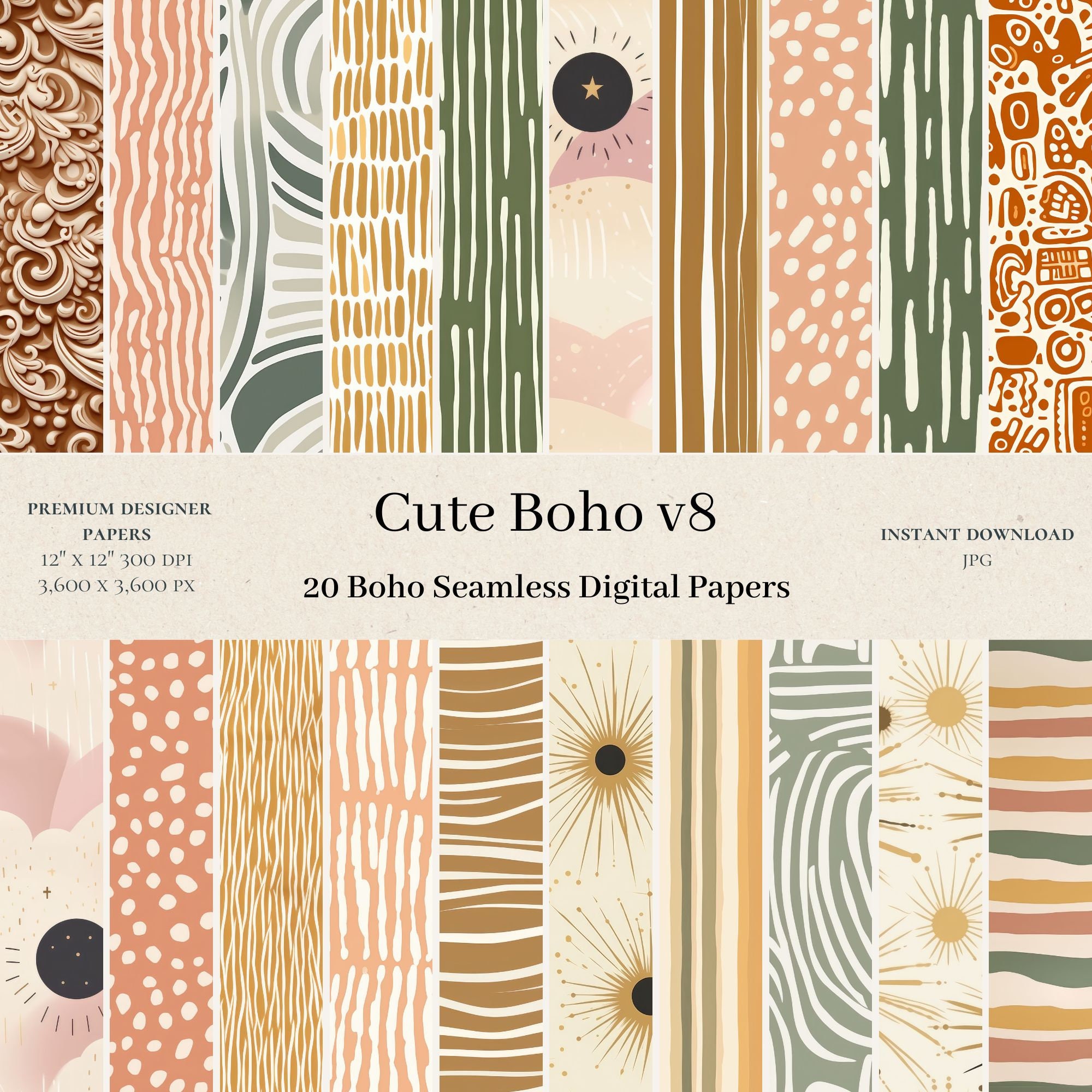 20 Cute Boho Digital Papers - Commercial Use, Scrapbook Paper, Spring Flower Backgrounds, Boho Designs, Boho Patterns, Seamless Pattern, v8